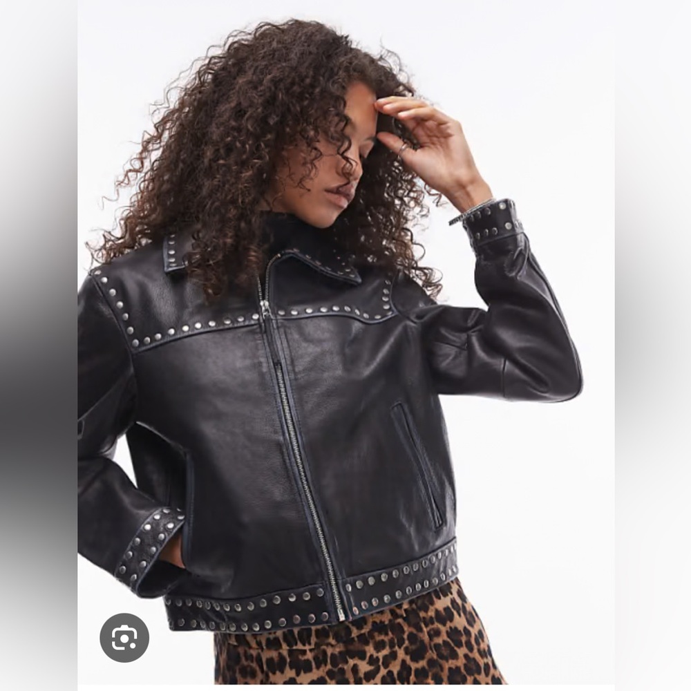 Mango Black Studded Genuine Leather Jacket